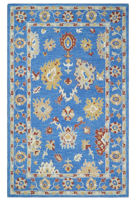 Custom Made Traditional Floral Blue, Camel And Maroon Hand Tufted  Wool Area Rug