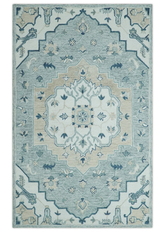 Custom Made Ivory, Gray, Camel And Blue Medallion Hand Tufted Wool Area Rug