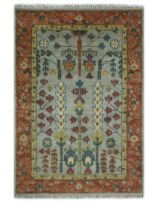 Blue and Rust, Tree of Life Vintage Persian Hand Knotted, Antique Turkish 5x8, 6x9, 8x10, 9x12, 10x14, 12x15 Wool Rug, Living Room | CP204S