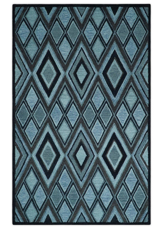 Custom Made Blue, Charcoal And Black Geometrical Harlequin Pattern Hand Tufted Wool Area Rug