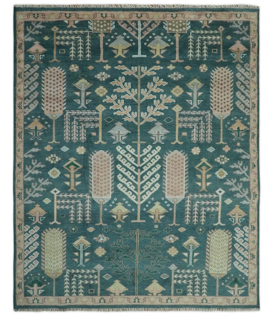 Tree Of Life Teal And Light Brown Hand Knotted 8x10 ft wool Area Rug