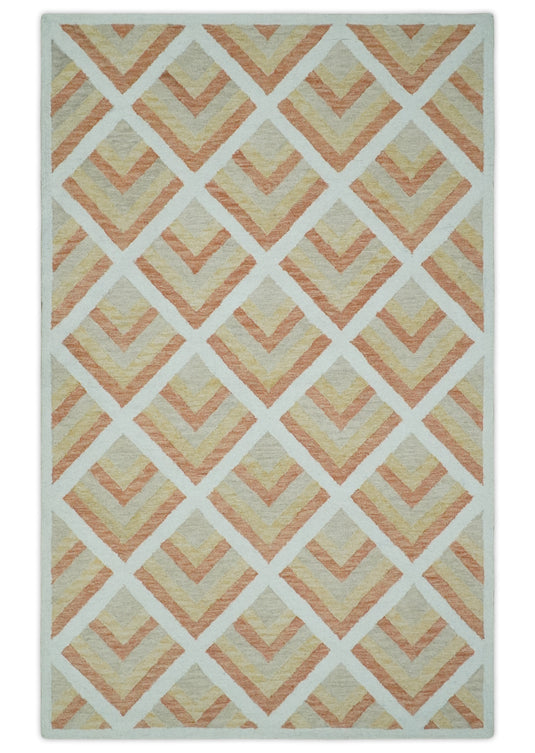 Custom Made Ivory, Dark Peach, Yellow And Light Beige Modern Geometrical Hand Tufted Wool Area Rug