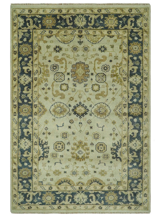 Custom Made Hand Knotted Cream, Beige And Charcoal Traditional Wool Area Rug