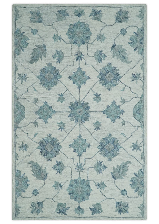 Custom Made Teal, Ivory And Gray Traditional Floral Hand Tufted Wool Area Rug