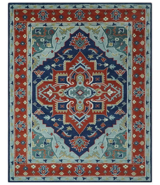 Custom Made Traditional Medallion Pattern Red, Blue, Teal and Olive Hand Knotted wool Area Rug