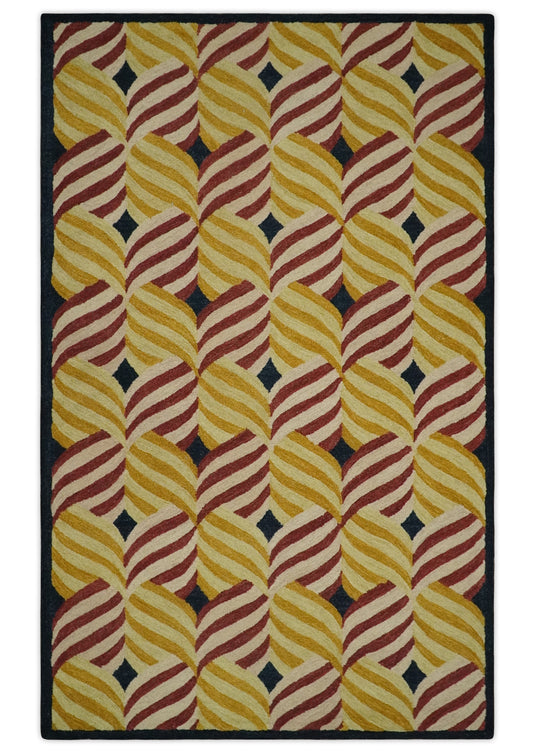 Custom Made Gold, Maroon, Black And Yellow Modern Stripes Pattern Hand Tufted Wool Area Rug