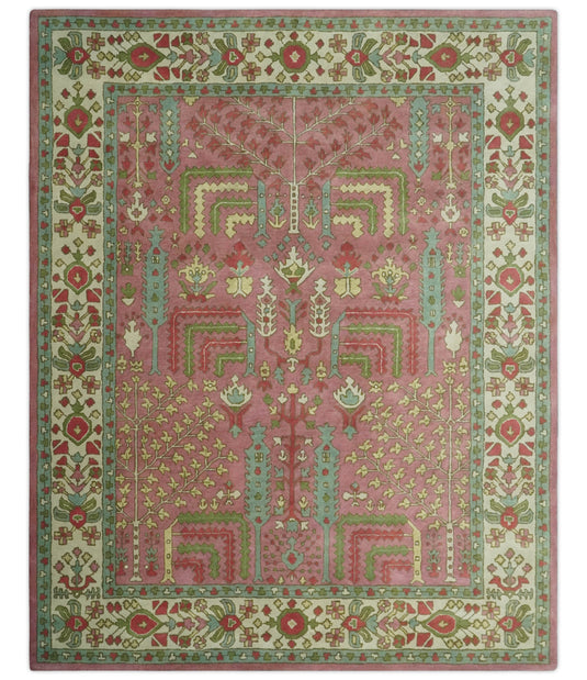 Tree Of Life Pink, Ivory And Green Hand Tufted 8x10 ft Bedroom, Living Room Rug Wool Area Rug