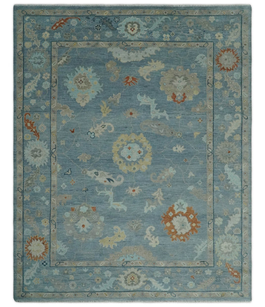 Custom Made Antique Floral Oushak Hand Knotted Gray, Beige, Blue And Rust Wool Area Rug