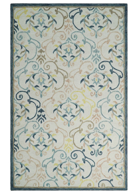 Custom Made Floral Pattern Ivory, Blue, Yellow And Brown Hand Tufted  Wool Area Rug