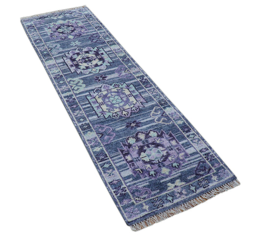 Traditional Transitional Design 2.6x8 ft Hand Knotted Purple Wool Area Rug