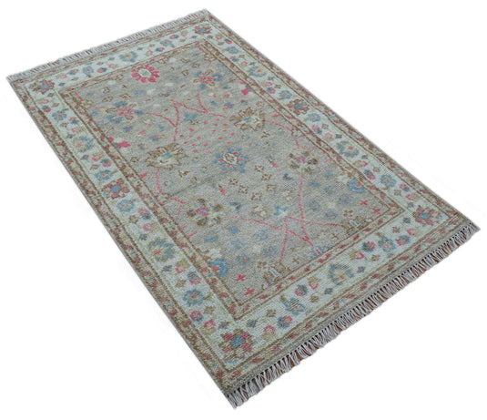 Traditional Oushak Design 4x6 ft Hand Knotted Ivory and Blue Wool Area Rug