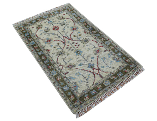Traditional Design 3X5 ft Hand Knotted Beige And Blue Wool Area Rug