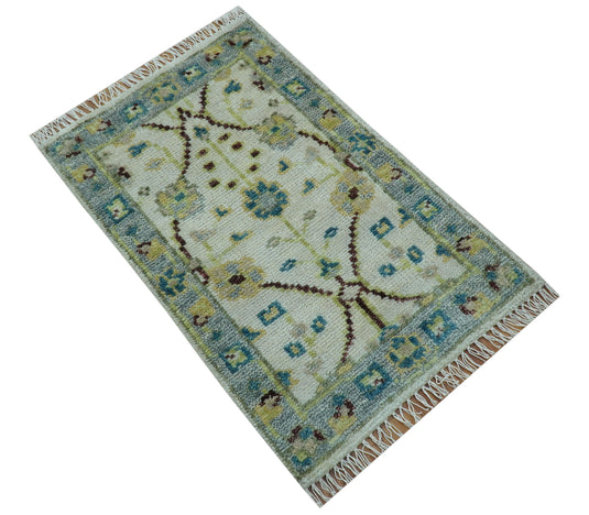 Traditional Oushak Design Ivory And Blue 2x3 ft Hand Knotted Wool Area Rug