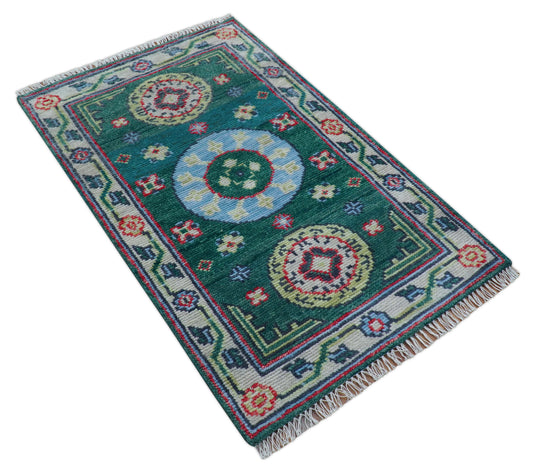 Traditional Khotan Design Teal 3x5 ft Hand Knotted Wool Area Rug