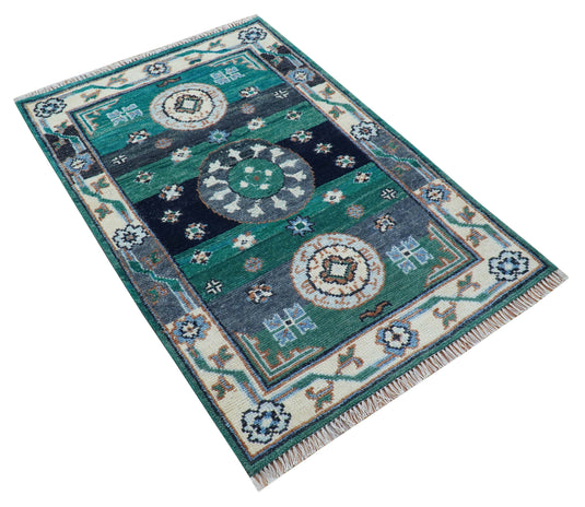 Traditional Khotan Design 4x6 ft Hand Knotted Teal And Ivory Wool Area Rug