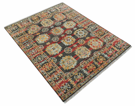 Traditional 8x10 ft Hand Knotted Charcoal And Red Wool Area Rug