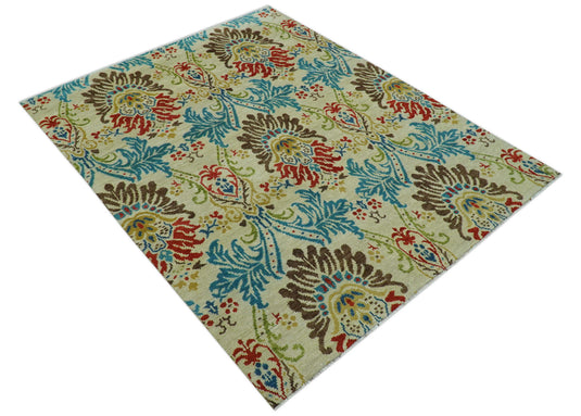 Vintage Floral Beige And Blue 8x10 Hand Knotted Wool Ideal for Living, Bedroom And Dining Rooms