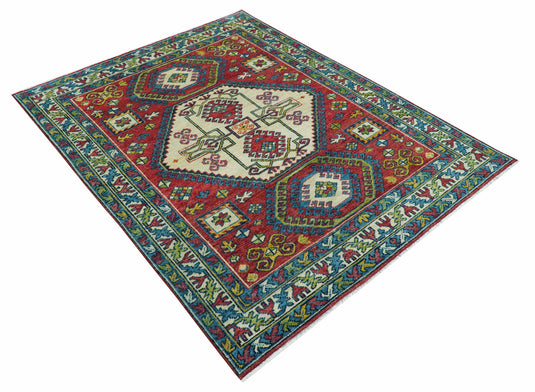 Custom Made Traditional Kazak Red And Ivory Hand Knotted Wool Area Rug