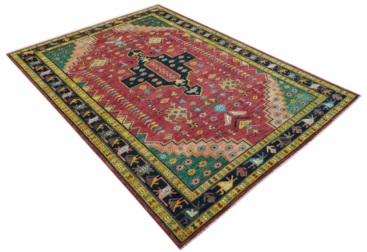 Custom Made Traditional Heriz Design Red And Green Hand Knotted Wool Area Rug