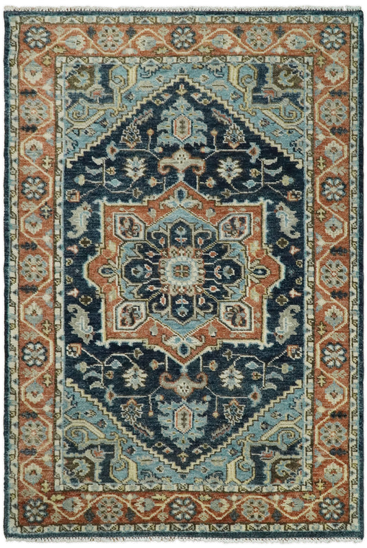 Traditional Heriz  Hand knotted Blue and Rust 9x12 ft Bedroom, Living Room Rug ,wool Area Rug