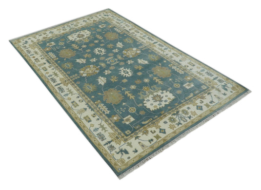 Custom Made Hand Knotted Teal, Beige And Olive Classic Oriental Oushak Rug Wool Area Rug