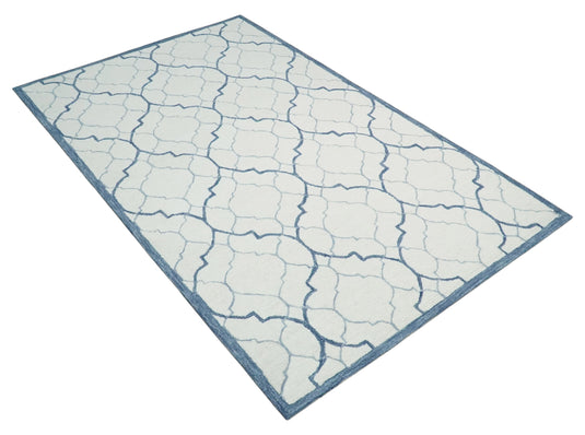 Custom Made Geometrical Trellis Ivory, Blue And Gray Hand Tufted Wool Area Rug