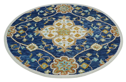 Custom Made Traditional Floral Blue, Gold, Rust, Ivory And Beige Hand Tufted  Wool Area Rug