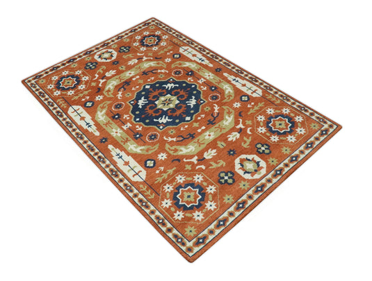 Custom Made Rust, Blue And Ivory Traditional Medallion Mamluk Hand Knotted Wool Area Rug