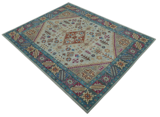 Custom Made Traditional Medallion Pattern Beige, Grey and Blue Hand Knotted wool Area Rug