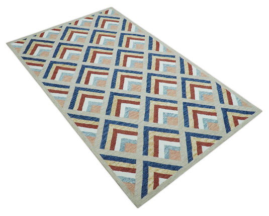 Custom Made Multicolor Modern Geometrical Chevron Pattern Hand Tufted Wool Area Rug