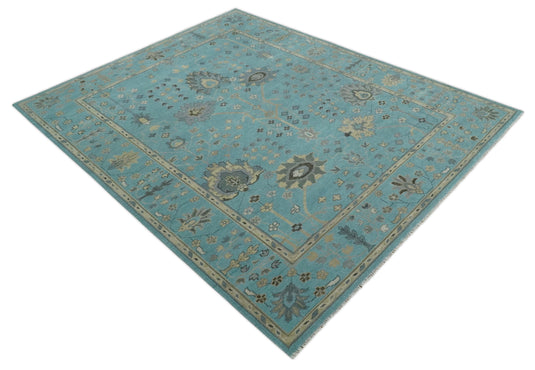 Custom Made Traditional Floral Hand Knotted Blue, Gray And Beige Wool Area Rug