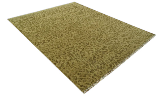 Custom Made Hand Knotted Olive Green And Khaki Leopard Print Design Wool Area Rug