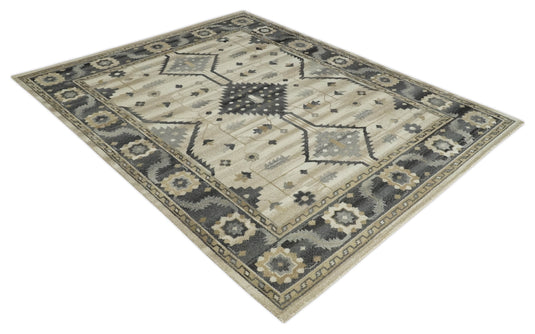 Traditional Tribal Pattern Charcoal, Gray, Beige and Ivory Hand Knotted 8x10 ft wool Area Rug