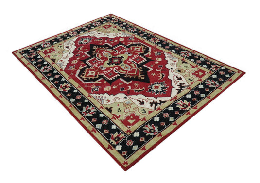 Custom Made Traditional Pattern Traditional Pattern Red, Black, Ivory And Beige Hand Knotted Wool Area Rug