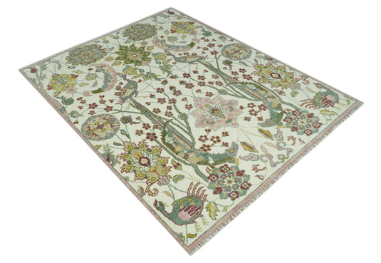 Custom Made Ivory, Maroon, Green And Peach Antique Floral Jungle Hand Knotted Wool Area Rug