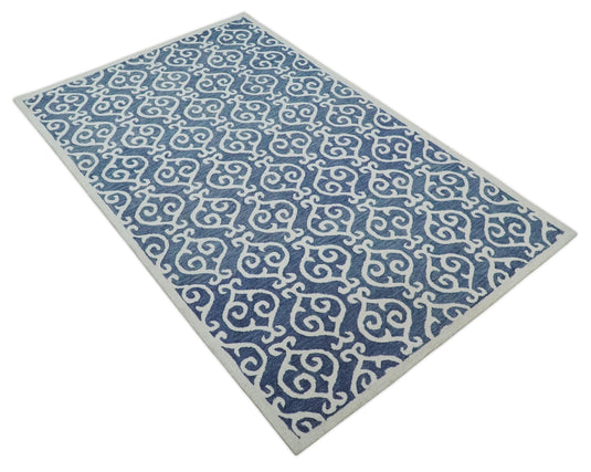 Custom Made Blue and Ivory Trellis Pattern Hand Tufted  Wool Area Rug