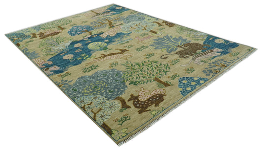 Custom Made Nature Vintage Style Beige And Blue Hand Knotted Wool Area Rug
