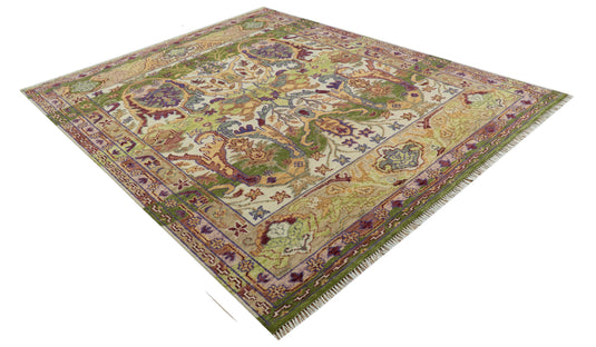 Custom Made Transition Hand Knotted Green, Gold And Ivory Wool Area Rug
