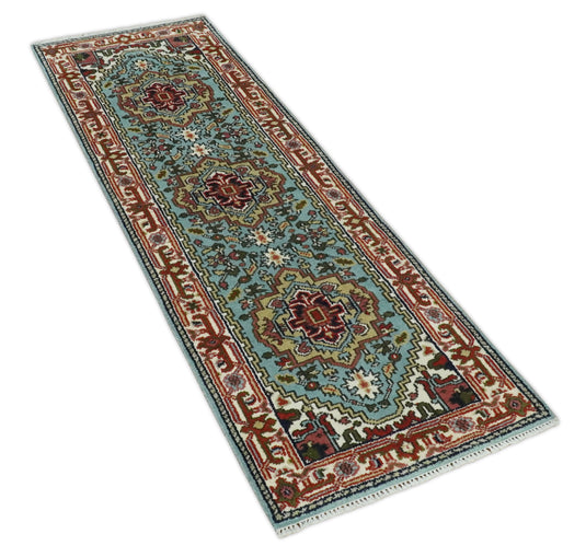 Hand Knotted Heriz Serapi Rug Aqua, Blue and ivory Ideal for Living, Bedroom, and Dining Rooms Multi Size Wool Rug | CP1914