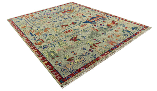 Custom Made Folk Art Green, Beige, Blue And Rust Hand Knotted Wool Area Rug