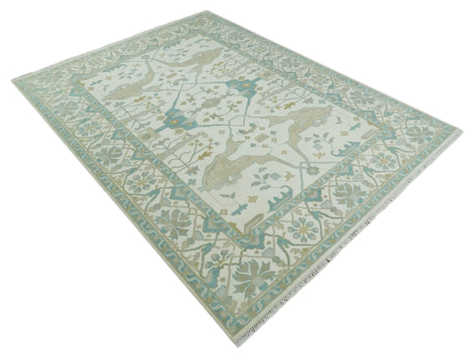 6x9, 9x12, 10x14, 12x15 Ivory and Light Blue Oriental Persian Oushak Wool Hand Knotted Area Rug | CP112