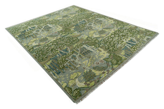 Custom Made Nature Theme Green And Gray Hand Knotted Wool Area Rug