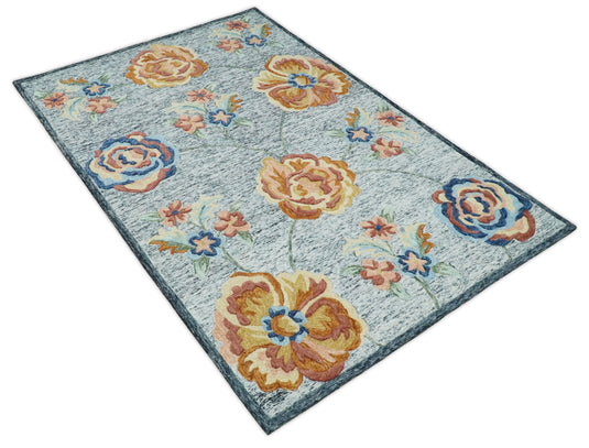 Custom Made Floral Gray, Blue, Peach, Gold  And Green Hand Tufted Wool Area Rug