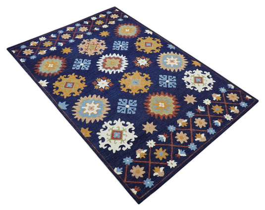 Custom Made Blue, Aqua, Maroon And Camel Hand Tufted  Wool Area Rug