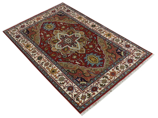 Hand Knotted Heriz Serapi Rug Rust and Ivory Multi Size Ideal for Living, Bedroom, and Dining Rooms | CP1881