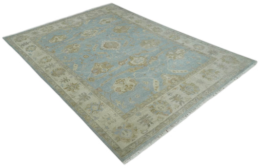 Traditional Oushak Hand Knotted Blue, Brown, Ivory and Olive 9x12 ft Bedroom, Living Room Rug ,wool Area Rug