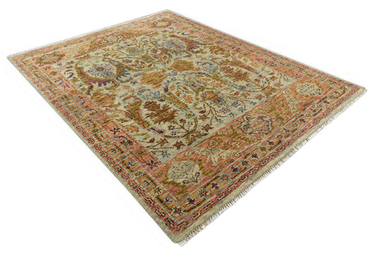 Beige, Peach And Green Transition Hand Knotted 8x10 ft Wool Rug Ideal for Living, Bedroom And Dining Rooms