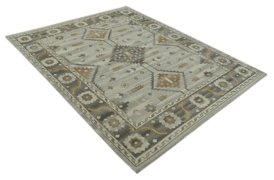 Tribal Pattern Silver, Beige, Charcoal and Ivory Traditional Hand Knotted 8x10 ft wool Area Rug