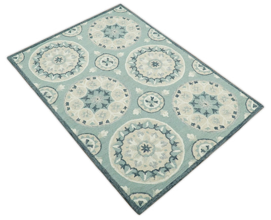 Custom Made Round Boho Pattern Sage Green And Beige Hand Tufted Wool Area Rug