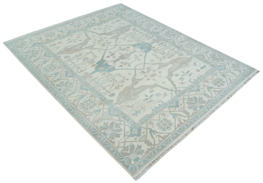 Hand Knotted Oriental Oushak Rug Ivory and Teal Multi Size Ideal for Living, Bedroom, and Dining Rooms |CP1878